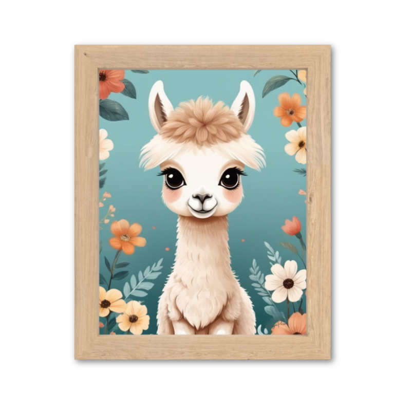 NURSERY-ROOM-ILLUSTRATION-A-THE-ALPACA-on-teal-background-portrait-surounding-by-flowers