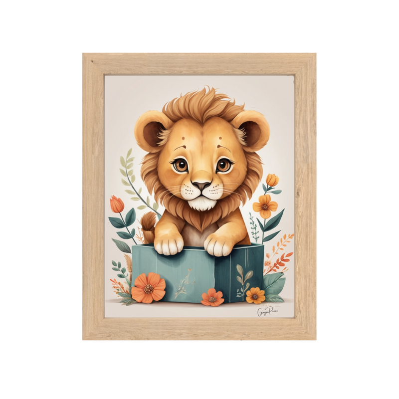 Illustration-for-nursery-room-L-the-Lion-in-a-box-on-off-white-background-with-flowers-in-oak-frame